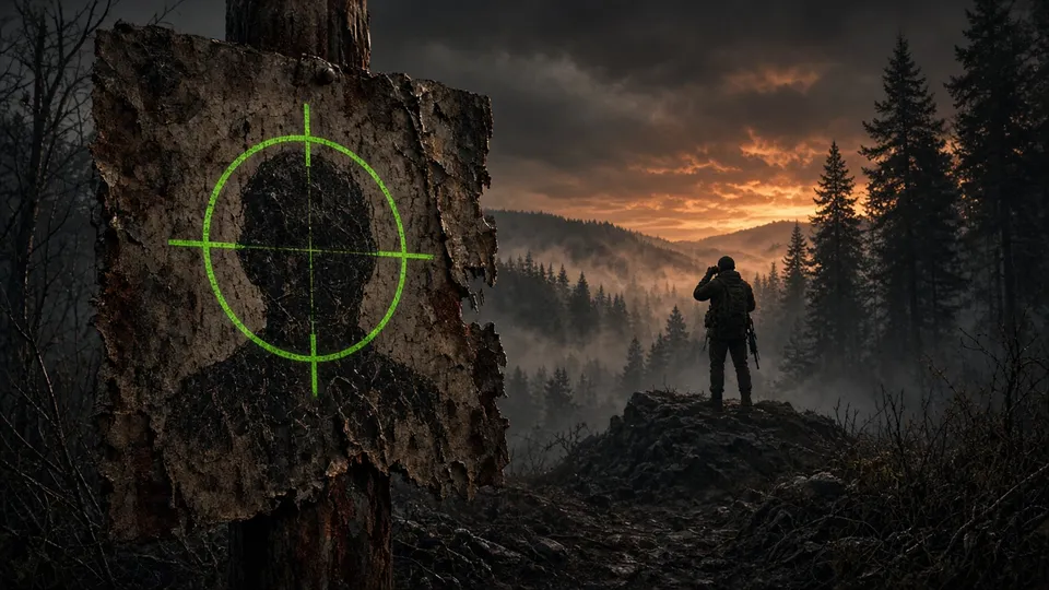 Most Wanted poster with a green crosshair and a hunter watching from a ridge