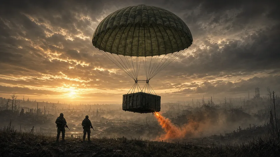 Supply crate descending by parachute with guards waiting below