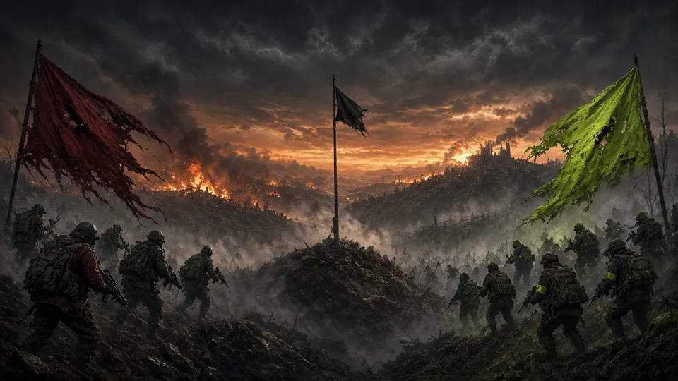 Two factions with red and green banners fighting over a hill
