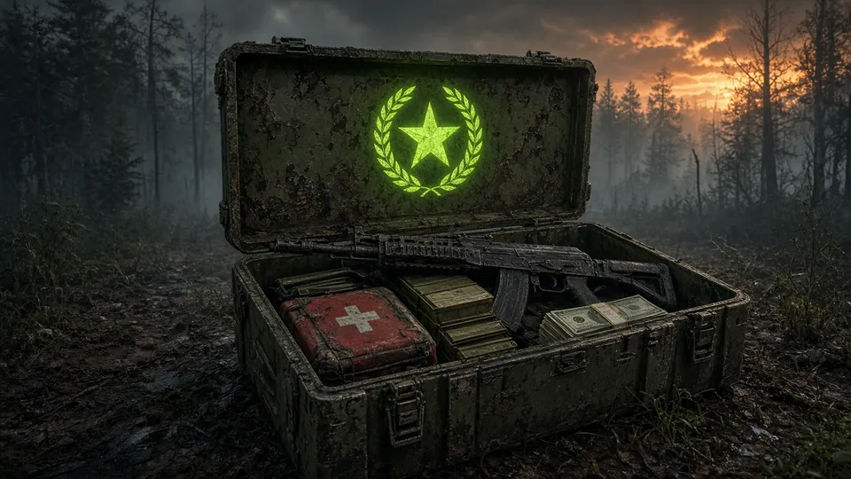 Reward crate with the fame emblem opened in the forest