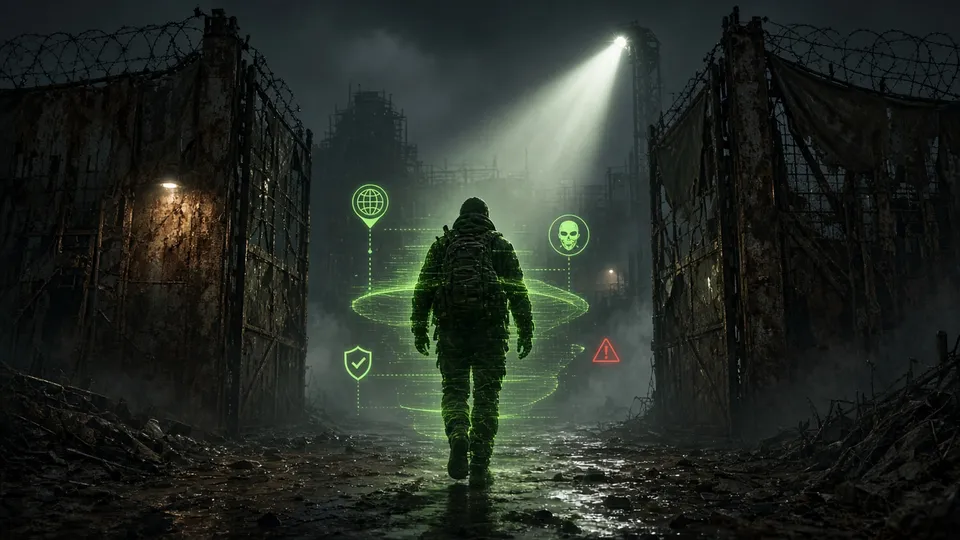 Player walking through a checkpoint while a scan reveals IP, VPN and alerts