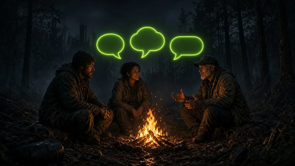 Three survivors talking around a campfire with speech bubbles