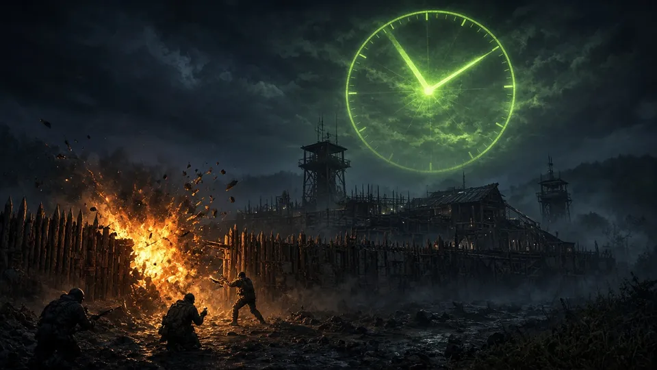 Night raid on a base under a huge holographic clock marking allowed hours