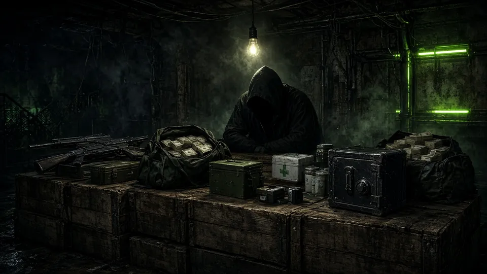 Hooded dealer in an underground black market with weapons, cash and a safe