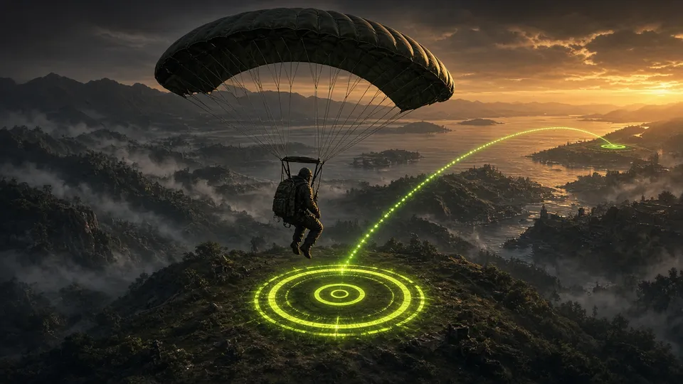 Player parachuting down toward a lit landing pad