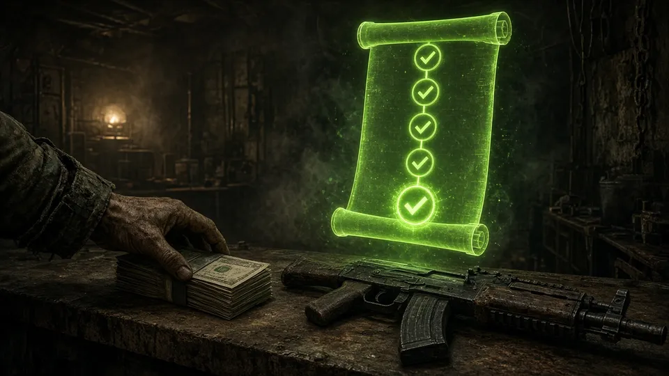 Purchase at a counter with a holographic ledger of verified steps